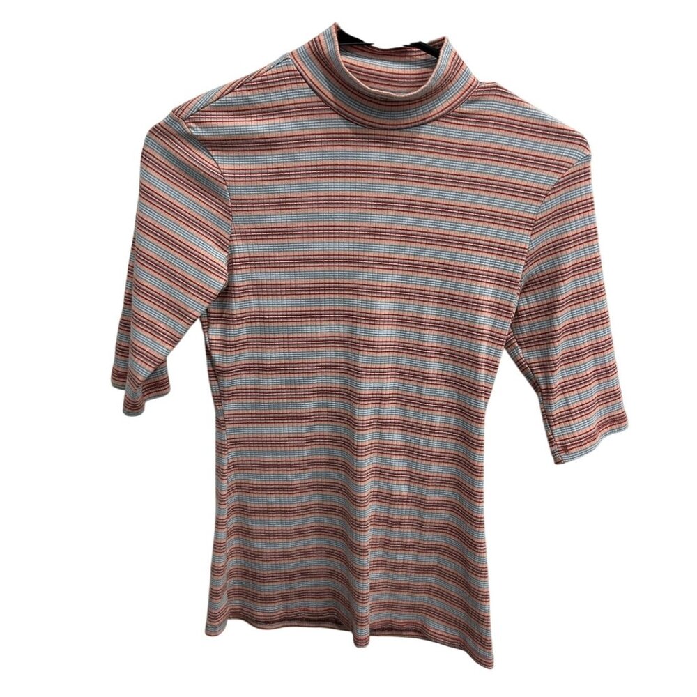 Ultra Flirt Striped Mock Neck 3/4 Sleeve Fitted Top Sz S Red Blue Stretch Fabric